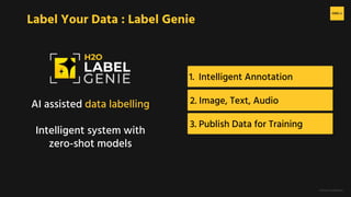 H2O.ai Conﬁdential
1. Intelligent Annotation
Label Your Data : Label Genie
AI assisted data labelling
Intelligent system with
zero-shot models
2. Image, Text, Audio
3. Publish Data for Training
 