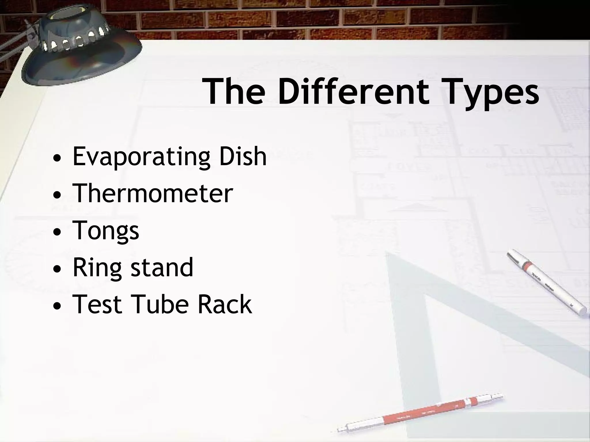 The Different Types Evaporating Dish Thermometer Tongs Ring stand Test Tube Rack