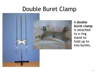 Double Buret Clamp
14
A double
buret clamp
is attached
to a ring
stand to
hold up to
two burets.
 