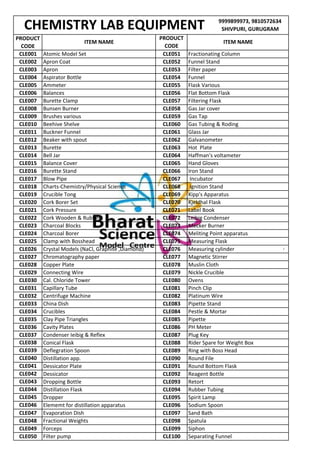 9999899973, 9810572634
SHIVPURI, GURUGRAM
PRODUCT
CODE
CLE001 CLE051
CLE002 CLE052
CLE003 CLE053
CLE004 CLE054
CLE005 CLE055
CLE006 CLE056
CLE007 CLE057
CLE008 CLE058
CLE009 CLE059
CLE010 CLE060
CLE011 CLE061
CLE012 CLE062
CLE013 CLE063
CLE014 CLE064
CLE015 CLE065
CLE016 CLE066
CLE017 CLE067
CLE018 CLE068
CLE019 CLE069
CLE020 CLE070
CLE021 CLE071
CLE022 CLE072
CLE023 CLE073
CLE024 CLE074
CLE025 CLE075
CLE026 CLE076
CLE027 CLE077
CLE028 CLE078
CLE029 CLE079
CLE030 CLE080
CLE031 CLE081
CLE032 CLE082
CLE033 CLE083
CLE034 CLE084
CLE035 CLE085
CLE036 CLE086
CLE037 CLE087
CLE088
CLE093
CLE094
CLE095
CLE096
CLE097
CLE098
CLE099
CLE100
CHEMISTRY LAB EQUIPMENT
CLE050 Filter pump Separating Funnel
CLE048 Fractional Weights Spatula
CLE049 Forceps Siphon
CLE046 Elememt for distillation apparatus Sodium Spoon
CLE047 Evaporation Dish Sand Bath
CLE044 Distillation Flask Rubber Tubing
CLE045 Dropper Spirit Lamp
CLE042 Dessicator CLE092 Reagent Bottle
CLE043 Dropping Bottle Retort
CLE040 Distillation app. CLE090 Round File
CLE041 Dessicator Plate CLE091 Round Bottom Flask
CLE038 Conical Flask Rider Spare for Weight Box
CLE039 Deflegration Spoon CLE089 Ring with Boss Head
Clay Pipe Triangles Pipette
Cavity Plates PH Meter
Condenser Ieibig & Reflex Plug Key
Centrifuge Machine Platinum Wire
China Dish Pipette Stand
Crucibles Pestle & Mortar
Connecting Wire Nickle Crucible
Cal. Chloride Tower Ovens
Capillary Tube Pinch Clip
Crystal Models (NaCl, Graphite ,Diamond) Measuring cylinder
Chromatography paper Magnetic Stirrer
Copper Plate Muslin Cloth
Charcoal Blocks Mecker Burner
Charcoal Borer Meliting Point apparatus
Clamp with Bosshead Measuring Flask
Cork Borer Set Kjeldhal Flask
Cork Pressure Label Book
Cork Wooden & Rubber Leibig Condenser
Blow Pipe Incubator
Charts-Chemistry/Physical Science Ignition Stand
Crucible Tong Kipp's Apparatus
Bell Jar Haffman's voltameter
Balance Cover Hand Gloves
Burette Stand Iron Stand
Buckner Funnel Glass Jar
Beaker with spout Galvanometer
Burette Hot Plate
Bunsen Burner Gas Jar cover
Brushes various Gas Tap
Beehive Shelve Gas Tubing & Roding
Ammeter Flask Various
Balances Flat Bottom Flask
Burette Clamp Filtering Flask
Apron Coat Funnel Stand
Apron Filter paper
Aspirator Bottle Funnel
ITEM NAME
PRODUCT
CODE
ITEM NAME
Atomic Model Set Fractionating Column
 