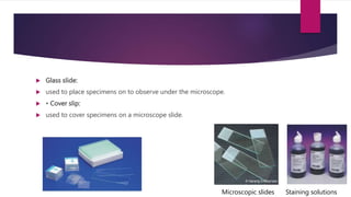 Glass slide:
 used to place specimens on to observe under the microscope.
 • Cover slip:
 used to cover specimens on a microscope slide.
Microscopic slides Staining solutions
 