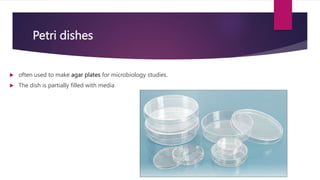 Petri dishes
 often used to make agar plates for microbiology studies.
 The dish is partially filled with media
 