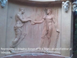 ENTRA, SORTIRÀS SENSE MARRADA
EL LABERINT ES SENCILL
NO ES NECESSARI EL CORDÓ
QUE VA DONAR ARIADNA A TESEU
Representa a Ariadna donan el fil a Teseu abans d’entrar al
laberint.
 