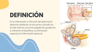 Es la inflamación o infección del laberinto.El
laberinto vestibular se encuentra ubicado en
el oído interno y es el encargado de ayudarnos
a mantener el equilibrio, la orientación
espacial y la información postural.
DEFINICIÓN