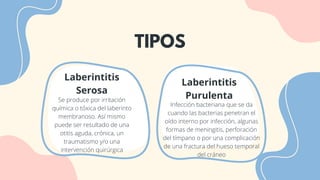 TIPOS
Se produce por irritación
química o tóxica del laberinto
membranoso. Así mismo
puede ser resultado de una
otitis aguda, crónica, un
traumatismo y/o una
intervención quirúrgica
Laberintitis
Serosa
Infección bacteriana que se da
cuando las bacterias penetran el
oído interno por infección, algunas
formas de meningitis, perforación
del tímpano o por una complicación
de una fractura del hueso temporal
del cráneo
Laberintitis
Purulenta