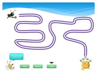 Amigo por favor, ayuda
 a la abejita para que
 pueda comer la miel.




                         Fácil   Normal   Difícil
 