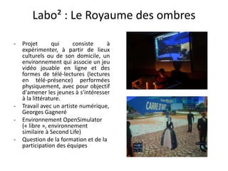 Labo² : Le Royaume des ombres
- Projet qui consiste à
expérimenter, à partir de lieux
culturels ou de son domicile, un
environnement qui associe un jeu
vidéo jouable en ligne et des
formes de télé-lectures (lectures
en télé-présence) performées
physiquement, avec pour objectif
d'amener les jeunes à s'intéresser
à la littérature.
- Travail avec un artiste numérique,
Georges Gagneré
- Environnement OpenSimulator
(« libre », environnement
similaire à Second Life)
- Question de la formation et de la
participation des équipes
 