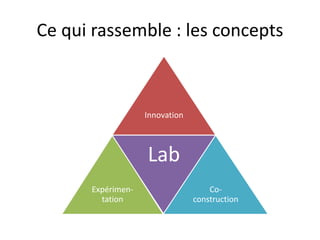 Ce qui rassemble : les concepts
Innovation
Expérimen-
tation
Lab
Co-
construction
 
