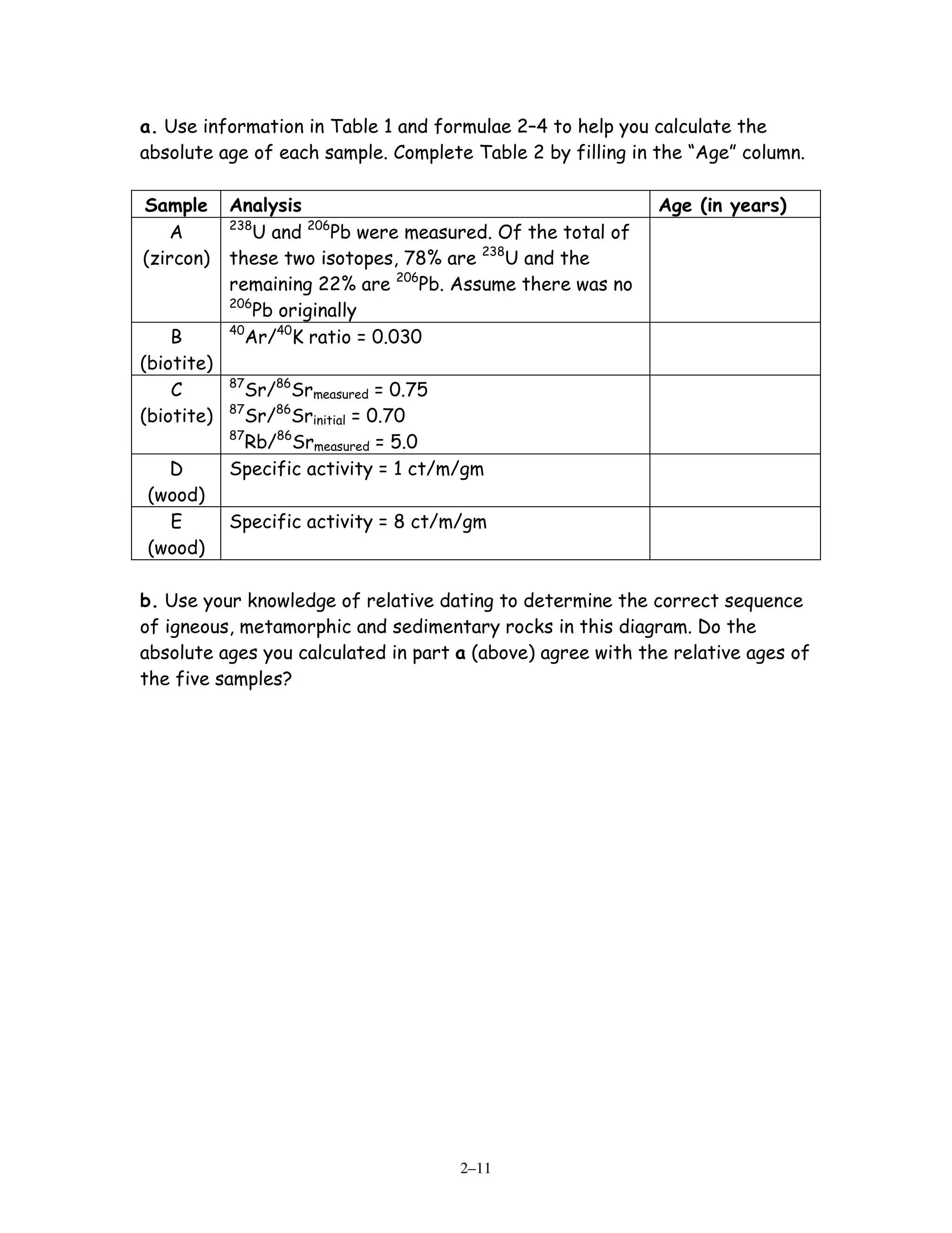 a. Use information in Table 1 and formulae 2–4 to help you calculate the
absolute age of each sample. Complete Table 2 by filling in the “Age” column.

Sample      Analysis                                         Age (in years)
            238
   A            U and 206Pb were measured. Of the total of
(zircon)    these two isotopes, 78% are 238U and the
            remaining 22% are 206Pb. Assume there was no
            206
                Pb originally
            40
    B          Ar/40K ratio = 0.030
(biotite)
            87
    C          Sr/86Srmeasured = 0.75
            87
(biotite)      Sr/86Srinitial = 0.70
            87
               Rb/86Srmeasured = 5.0
  D         Specific activity = 1 ct/m/gm
(wood)
  E         Specific activity = 8 ct/m/gm
(wood)

b. Use your knowledge of relative dating to determine the correct sequence
of igneous, metamorphic and sedimentary rocks in this diagram. Do the
absolute ages you calculated in part a (above) agree with the relative ages of
the five samples?




                                      2–11
 