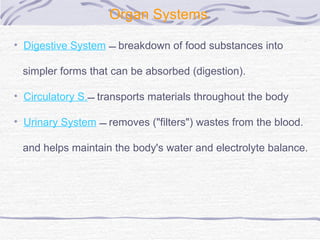Organ Systems   Digestive System     breakdown of food substances into  simpler forms that can be absorbed (digestion). Circulatory S.   transports materials throughout the body  Urinary System     removes ("filters") wastes from the blood.  and helps maintain the body's water and electrolyte balance.   