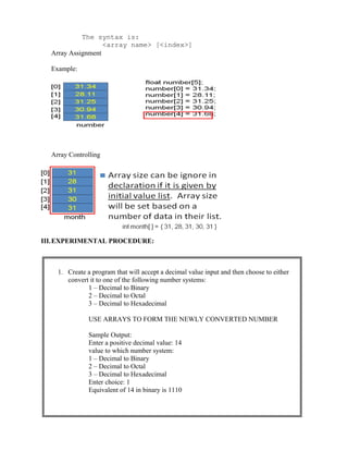 The syntax is:
<array name> [<index>]
Array Assignment
Example:
Array Controlling
III.EXPERIMENTAL PROCEDURE:
1. Create a program that will accept a decimal value input and then choose to either
convert it to one of the following number systems:
1 – Decimal to Binary
2 – Decimal to Octal
3 – Decimal to Hexadecimal
USE ARRAYS TO FORM THE NEWLY CONVERTED NUMBER
Sample Output:
Enter a positive decimal value: 14
value to which number system:
1 – Decimal to Binary
2 – Decimal to Octal
3 – Decimal to Hexadecimal
Enter choice: 1
Equivalent of 14 in binary is 1110
 