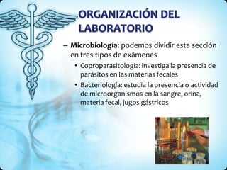 – Microbiología: podemos dividir esta sección
en tres tipos de exámenes
• Coproparasitología: investiga la presencia de
parásitos en las materias fecales
• Bacteriología: estudia la presencia o actividad
de microorganismos en la sangre, orina,
materia fecal, jugos gástricos
 