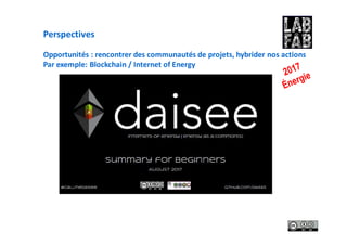 Perspectives
Opportunités : rencontrer des communautés de projets, hybrider nos actions
Par exemple: Blockchain / Internet of Energy
 