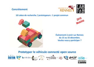 Concrètement
10 Labos de recherche / prototypeurs : 1 projet commun
Prototyper le véhicule connecté open source
Événement à venir sur Rennes
du 13 au 15 décembre.
Voulez vous y participer ?
 