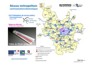 www.rennes-metropole.fr
6
Réseau métropolitain
communications électroniques
D.S.P (délégation de service public):
Régie sur Rennes
Construction depuis 2000
Câble de fibres optiques
Concessionnaire
Depuis 2007
 