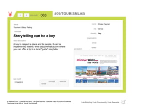 Wildes Capriati
Venice
Italycountry
email
twitter
city
name
organisation
Storytelling can be a key
idea title
idea description
063idea code
17/04/2015
last modif
pic/sketch
A key to respect a place and its people. It can be
implemented likethis: www.discoverwalks.com where
you can offer a tip to a local "guide" storyteller
><
Tourism & Story Telling
Issue
concept execute
score
#09/TOURISMLAB
© Addictlab.com / Creative think tank - all rights reserved. Addictlab uses YourOwnLab software
Tourismlab is lab #09 on Yola & YourOwnLab
Lab Briefing / Lab Community / Lab Rewards
 