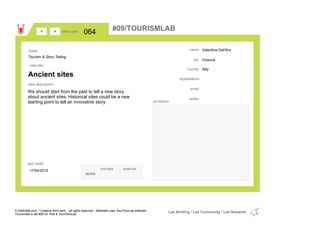 Valentina Dall'Ara
Vicenza
Italycountry
email
twitter
city
name
organisation
Ancient sites
idea title
idea description
064idea code
17/04/2015
last modif
pic/sketch
We should start from the past to tell a new story
about ancient sites. Historical sites could be a new
starting point to tell an innovative story.
><
Tourism & Story Telling
Issue
concept execute
score
#09/TOURISMLAB
© Addictlab.com / Creative think tank - all rights reserved. Addictlab uses YourOwnLab software
Tourismlab is lab #09 on Yola & YourOwnLab
Lab Briefing / Lab Community / Lab Rewards
 