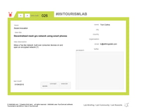 Tom Collins
country
tc@allthingstalk.comemail
twitter
city
name
organisation
Decentralized mesh grs network using smart phones
idea title
idea description
026idea code
01/04/2015
last modif
pic/sketch
Allow a Tas like network built over consumer devices on and
open an encrypted network (?)
><
Social Innovation
Issue
concept execute
score
#09/TOURISMLAB
© Addictlab.com / Creative think tank - all rights reserved. Addictlab uses YourOwnLab software
Tourismlab is lab #09 on Yola & YourOwnLab
Lab Briefing / Lab Community / Lab Rewards
 
