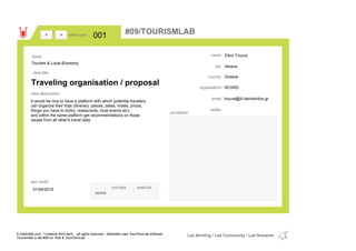 Eleni Trouva
Athens
Greececountry
trouva@iit.demokritos.gremail
twitter
city
name
NCSRDorganisation
Traveling organisation / proposal
idea title
idea description
001idea code
01/04/2015
last modif
pic/sketch
It would be nice to have a platform with which potential travelers
can organize their trips (itinerary, places, dates, hotels, prices,
things you have to do/try, restaurants, local events etc)
and within the same platform get recommendations on those
issues from all other's travel data.
><
Tourism & Local Economy
Issue
concept execute
score
#09/TOURISMLAB
© Addictlab.com / Creative think tank - all rights reserved. Addictlab uses YourOwnLab software
Tourismlab is lab #09 on Yola & YourOwnLab
Lab Briefing / Lab Community / Lab Rewards
 