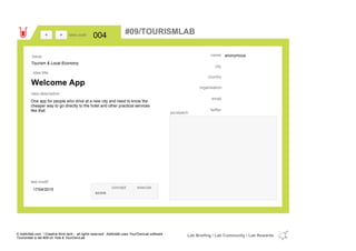 anonymous
country
email
twitter
city
name
organisation
Welcome App
idea title
idea description
004idea code
17/04/2015
last modif
pic/sketch
One app for people who drive at a new city and need to know the
cheaper way to go directly to the hotel and other practical services
like that.
><
Tourism & Local Economy
Issue
concept execute
score
#09/TOURISMLAB
© Addictlab.com / Creative think tank - all rights reserved. Addictlab uses YourOwnLab software
Tourismlab is lab #09 on Yola & YourOwnLab
Lab Briefing / Lab Community / Lab Rewards
 