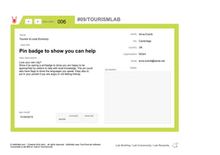 Anna Everitt
Cambridge
UKcountry
anna.everitt@dante.netemail
twitter
city
name
GEantorganisation
Pin badge to show you can help
idea title
idea description
006idea code
01/04/2015
last modif
pic/sketch
Love your own city?
Show it by waring a pin/badge to show you are happy to be
approached by visitors to help with local knowledge. The pin could
also have flags to show the languages you speak. Easy also to
put in your pocket if you are angry or not feeling friendy.
><
Tourism & Local Economy
Issue
concept execute
score
#09/TOURISMLAB
© Addictlab.com / Creative think tank - all rights reserved. Addictlab uses YourOwnLab software
Tourismlab is lab #09 on Yola & YourOwnLab
Lab Briefing / Lab Community / Lab Rewards
 