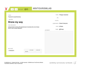 Philippe Verstichel
country
philippe.email
@Phisabtwitter
city
name
Global Enterpriseorganisation
Drone my way
idea title
idea description
011idea code
01/04/2015
last modif
pic/sketch
Using drones to bring 3D experiences to tourists who do not have
time to vist a whole attraction.
><
Tourism & Local Economy
Issue
concept execute
score
#09/TOURISMLAB
© Addictlab.com / Creative think tank - all rights reserved. Addictlab uses YourOwnLab software
Tourismlab is lab #09 on Yola & YourOwnLab
Lab Briefing / Lab Community / Lab Rewards
 