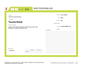 Luca Galluppi
Milan
Italycountry
lucagalluppi@hp.comemail
twitter
city
name
organisation
Tourist Kiosk
idea title
idea description
012idea code
01/04/2015
last modif
pic/sketch
Create a kiosk that helps people to find the way to go to their
destination. A graphic interactive kiosk.
><
Tourism & Local Economy
Issue
concept execute
score
#09/TOURISMLAB
© Addictlab.com / Creative think tank - all rights reserved. Addictlab uses YourOwnLab software
Tourismlab is lab #09 on Yola & YourOwnLab
Lab Briefing / Lab Community / Lab Rewards
 