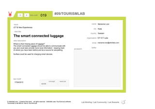 Marianne Loor
Kista
Swedencountry
marianne.loor@eitictlabs.comemail
twitter
city
name
EIT ICT Labsorganisation
The smart connected luggage
idea title
idea description
019idea code
17/04/2015
last modif
pic/sketch
Where is that missing piece of luggage?
The smart connected luggage should be able to communicate with
you and could also provide more local information - keeping track
of where you have been before and be a source for storytelling.
Surface could be used for charging smart devices.
><
ICT & New Experiences
Issue
concept execute
score
#09/TOURISMLAB
© Addictlab.com / Creative think tank - all rights reserved. Addictlab uses YourOwnLab software
Tourismlab is lab #09 on Yola & YourOwnLab
Lab Briefing / Lab Community / Lab Rewards
 