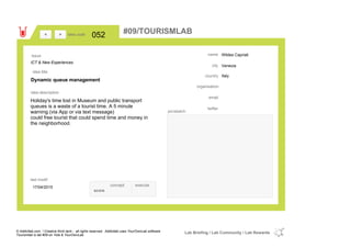 Wildes Capriati
Venezia
Italycountry
email
twitter
city
name
organisation
Dynamic queue management
idea title
idea description
052idea code
17/04/2015
last modif
pic/sketch
Holiday's time lost in Museum and public transport
queues is a waste of a tourist time. A 5 minute
warning (via App or via text message)
could free tourist that could spend time and money in
the neighborhood.
><
ICT & New Experiences
Issue
concept execute
score
#09/TOURISMLAB
© Addictlab.com / Creative think tank - all rights reserved. Addictlab uses YourOwnLab software
Tourismlab is lab #09 on Yola & YourOwnLab
Lab Briefing / Lab Community / Lab Rewards
 