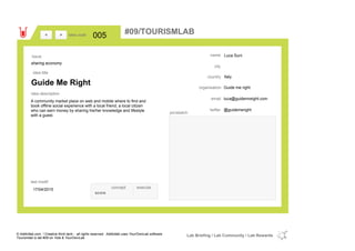 Luca Suni
Italycountry
luca@guidemreight.comemail
@guidemerighttwitter
city
name
Guide me rightorganisation
Guide Me Right
idea title
idea description
005idea code
17/04/2015
last modif
pic/sketch
A community market place on web and mobile where to find and
book offline social experience with a local friend, a local citizen
who can earn money by sharing his/her knowledge and lifestyle
with a guest.
><
sharing economy
Issue
concept execute
score
#09/TOURISMLAB
© Addictlab.com / Creative think tank - all rights reserved. Addictlab uses YourOwnLab software
Tourismlab is lab #09 on Yola & YourOwnLab
Lab Briefing / Lab Community / Lab Rewards
 