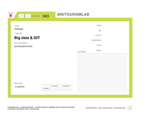 country
email
twitter
city
name
organisation
Big data & IOT
idea title
idea description
043idea code
01/04/2015
last modif
pic/sketch
quid Big data & tourist
><
challenges
Issue
concept execute
score
#09/TOURISMLAB
© Addictlab.com / Creative think tank - all rights reserved. Addictlab uses YourOwnLab software
Tourismlab is lab #09 on Yola & YourOwnLab
Lab Briefing / Lab Community / Lab Rewards
 