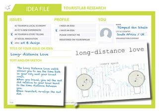 TOURISTLAB RESEARCH
NAME
CITY & COUNTRY
ORGANISATION/COMPANY
EMAIL
IDEA FILE
TEXT AND/OR SKETCH
Tick the appropriate box(es) . Write down your innovative idea & add your concept to the Idea Wall
ISSUES
#2 TOURISM & LOCAL ECONOMY
#3 ICT & NEW EXPERIENCES
#4 TOURISM & STORY TELLING
#7 SOCIAL INNOVATION
other:
I NEED AN IDEA
I HAVE AN IDEA
PLEASE CONTACT ME
PROFILE YOU
REGISTERED ON YOUROWNLAB
TITLE OF YOUR ISSUE OR IDEA
TWITTER
Long- distance Love
X
X
TEmpest Van Schalk
South AFrica / UK
The Long Distance Love watch
allows you to see the time both
in your city and your loved
one’s.
When you travel, you set the red
dot relative to your hour hand
to the time distance between
you.
When reunited, re-align the red
dot.
IDEA	#1.2
BY: TEMPEST VAN SCHAIK
“The Long-Distance Love watch allows you to see the time in both your city and your
loved one’s. When you travel you set the red dot relative to your hour hand according
to the time distance between you. When you are reunited, you can re-align the red dot
EMOTION
16
art & design
X
 