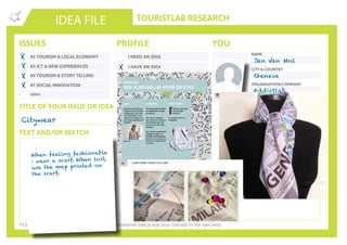 TOURISTLAB RESEARCH
NAME
CITY & COUNTRY
ORGANISATION/COMPANY
EMAIL
IDEA FILE
TEXT AND/OR SKETCH
Tick the appropriate box(es) . Write down your innovative idea & add your concept to the Idea Wall
ISSUES
#2 TOURISM & LOCAL ECONOMY
#3 ICT & NEW EXPERIENCES
#4 TOURISM & STORY TELLING
#7 SOCIAL INNOVATION
other:
I NEED AN IDEA
I HAVE AN IDEA
PLEASE CONTACT ME
PROFILE YOU
REGISTERED ON YOUROWNLAB
TITLE OF YOUR ISSUE OR IDEA
TWITTER
Citywear
X
X
Jan Van Mol
Geneva
Addictlab
jan@addictlab.com
When feeling fashionable
: wear a scarf. When lost,
use the map printed on
the scarf.
X
X
X
X
 