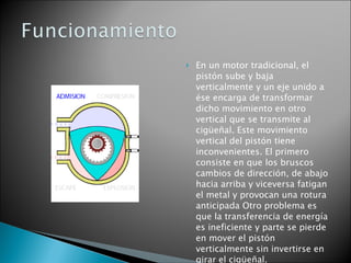 En un motor tradicional, el pistón sube y baja verticalmente y un eje unido a ése encarga de transformar dicho movimiento en otro vertical que se transmite al cigüeñal. Este movimiento vertical del pistón tiene inconvenientes. El primero consiste en que los bruscos cambios de dirección, de abajo hacia arriba y viceversa fatigan el metal y provocan una rotura anticipada Otro problema es que la transferencia de energía es ineficiente y parte se pierde en mover el pistón verticalmente sin invertirse en girar el cigüeñal.  
