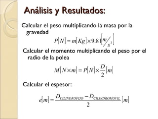 Análisis y Resultados: Calcular el peso multiplicando la masa por la gravedad  Calcular el momento multiplicando el peso por el radio de la polea Calcular el espesor: 