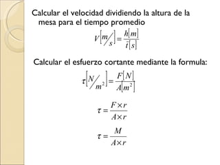 Calcular el velocidad dividiendo la altura de la mesa para el tiempo promedio  Calcular el esfuerzo cortante mediante la formula: 