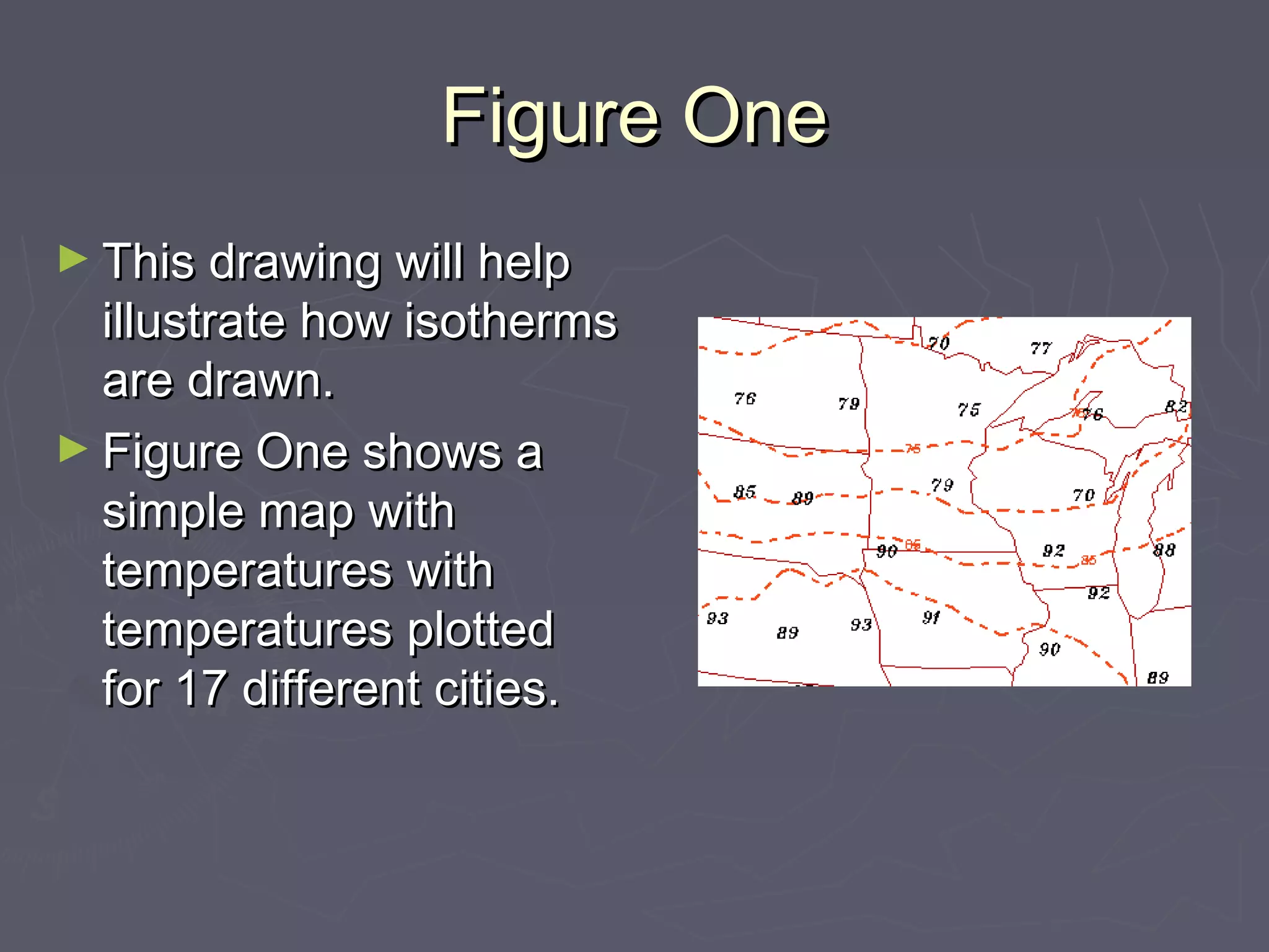 Figure OneFigure One
► This drawing will helpThis drawing will help
illustrate how isothermsillustrate how isotherms
are drawn.are drawn.
► Figure One shows aFigure One shows a
simple map withsimple map with
temperatures withtemperatures with
temperatures plottedtemperatures plotted
for 17 different cities.for 17 different cities.
 