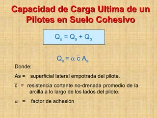 Capacidad de Carga Ultima de un
   Pilotes en Suelo Cohesivo
                 Qu = Qs + Qb


                  Qs = α c As
Donde:
As = superficial lateral empotrada del pilote.
c = resistencia cortante no-drenada promedio de la
     arcilla a lo largo de los lados del pilote.
α =    factor de adhesión
 