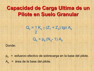 Capacidad de Carga Ultima de un
   Pilote en Suelo Granular

              Qs = 1 Ks γ (Z1 + Z2) tgδ As
                   2
                   Qb = pb (Nq- 1) Ab
Donde:


pb = esfuerzo efectivo de sobrecarga en la base del pilote.
Ab = área de la base del pilote.
 