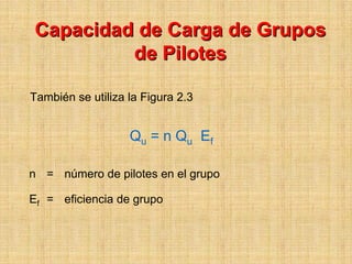 Capacidad de Carga de Grupos
          de Pilotes

También se utiliza la Figura 2.3


                   Qu = n Qu Ef

n = número de pilotes en el grupo

Ef = eficiencia de grupo
 