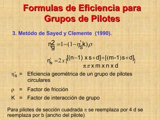 Formulas de Eficiencia para
          Grupos de Pilotes
  3. Metódo de Sayed y Clemente (1990).

                 η2 =1− (1−ηSk) ρ
                  g
                            '

                 η's   = 2 x{[(n −1) x s + d] + [(m -1) s + d]}
                                    ππ x m x n x d
 η’s = Eficiencia geométrica de un grupo de pilotes
       circulares
 ρ = Factor de fricción
 K = Factor de interacción de grupo

Para pilotes de sección cuadrada π se reemplaza por 4 d se
reemplaza por b (ancho del pilote)
 