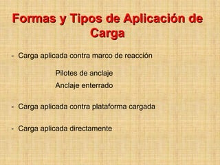 Formas y Tipos de Aplicación de
            Carga
- Carga aplicada contra marco de reacción

            Pilotes de anclaje
            Anclaje enterrado

- Carga aplicada contra plataforma cargada

- Carga aplicada directamente
 