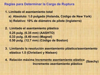 Reglas para Determinar la Carga de Ruptura

1. Limitado el asentamiento total
   a) Absoluto: 1.0 pulgada (Holanda, Código de New York)
   b) Relativo: 10% de diámetro de pilote (Inglaterra)

2. Limitado el asentamiento plástico
   0.25 pulg. (6.35 mm) (AASHTO)
   0.33 pulg. (8.40 mm) (Magnel)
   0.50 pulg. (12.7 mm) (Código de Boston)

3. Limitando la resolución asentamiento plástico/asentamiento
   elástico 1.5 (Christiani y Nielsen)

4. Relación máxima Incremento asentamiento elástico
                                                    (Szechy)
                 Incremento asentamiento plástico
 