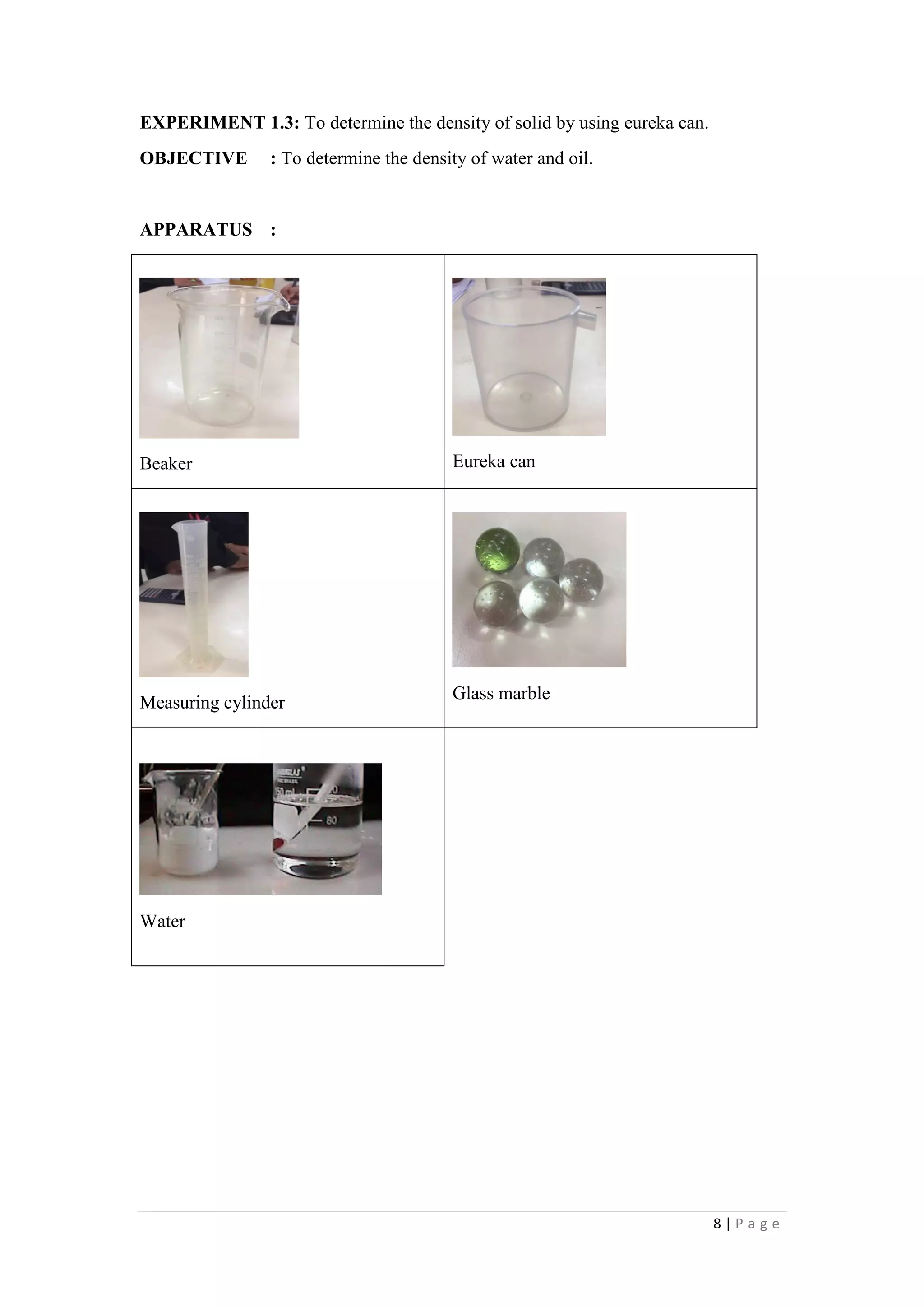 8 | P a g e
EXPERIMENT 1.3: To determine the density of solid by using eureka can.
OBJECTIVE : To determine the density of water and oil.
APPARATUS :
Beaker Eureka can
Measuring cylinder
Glass marble
Water
 