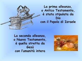 La prima alleanza,
o Antico Testamento,
è stata stipulata da
Dio
con il Popolo di Israele
La seconda alleanza,
o Nuovo Testamento,
è quella stretta da
Gesù
con l’umanità intera
 