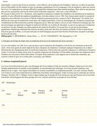 Septante

individuelle » et privée des Écrits au caractère « semi-officiel » de la traduction des Prophètes. Selon lui, en effet, les autorités
juives d'Alexandrie ont fait traduire en grec les passages prophétiques lus à la synagogue à titre de haphtarot, après une section
de la Loi. Ces traductions ne sont pas officielles, puisqu'elles n'émanent pas d'une autorité politique. Mais elles ne sont pas non
plus privées, puisqu'elles relèvent de l'intervention d'autorités religieuses : elles sont « semi-officielles ».
On sait que la thèse de H. St J. Thackeray, selon laquelle la traduction complète des Prophètes a été précédée par la traduction
partielle et semi-officielle des haphtarot prophétiques, n'est plus admise (voir p. 100). Faut-il pour autant rejeter le concept de
traduction semi-officielle et s'en tenir à l'idée de traductions purement privées, comme le fait E. Bickerman ? En réalité il est
difficile de croire que les traductions soient dues à de simples particuliers. Certes les témoignages de l'Antiquité ne parlent pas
véritablement de l'intervention des autorités religieuses juives. Mais des indices vont en ce sens. D'abord on remarque que l'un
des personnages qui apportent en Égypte la traduction d'Esther est un prêtre de Jérusalem, ce qui est un signe que la traduction
en question n'est pas étrangère aux préoccupations du clergé de Jérusalem. En second lieu, on sait que les proseuques
égyptiennes n'étaient pas seulement des maisons de prière, mais aussi des lieux de réunion et d'étude. Si elles avaient besoin
d'un texte grec de la Bible, ce n'est pas tant pour un motif liturgique que pour leurs besoins d'instruction, auxquels le prologue
du Siracide fait écho.
Bibliographie. E. BICKERMAN, «Some Notes... ». - H. St J. THACKFRAY, The Septuagint, p. 3-39.

2. Pourquoi un tel laps de temps entre la traduction de la Loi et la traduction des livres suivants ?

La Loi a été traduite vers 280. Il n'y a pas de preuve que la traduction des Prophètes et des Écrits ait commencé avant le IIe
siècle. Ainsi trois quarts de siècle séparent les deux entreprises de traduction. Comment expliquer l'importance de ce délai ?
Sûrement par des changements dans les motifs des traductions, l'intervention des autorités religieuses se substituant à l'initiative
royale. Ce n'est pas la même chose, pour les autorités religieuses de Jérusalem et d'Alexandrie, d'accepter une traduction faite à
l'initiative du souverain et d'être elles-mêmes à l'origine d'une traduction. Cela suppose une évolution des mentalités, qui
consiste à mettre le grec sur le même plan, ou presque, que l'hébreu.

F. Tableau récapitulatif général

Les livres écrits directement en grec sont distingués des livres traduits à l'aide de caractères italiques. Quant aux livres dont
l'origine palestinienne est certaine ou très probable, ils sont précédés d'un astérisque. Les livres les plus nombreux sont
dépourvus de ce signe : leur origine alexandrine est certaine ou probable ou simplement possible. Les traits verticaux fléchés
vers le haut et vers le bas matérialisent les différentes fourchettes chronologiques. Enfin on notera que le cartouche qui entoure
Psaumes, Ézéchiel, XII, 1-4 Règnes, Isaïe et Juges indique que le groupe de livres du bas est, quoi qu'il puisse arriver aux deux
fourchettes chronologiques des deux groupes de livres, toujours postérieur au groupe de livres du haut.

285    Pentateuque



210                                Isaïe                   Psaumes           XII     Jérémie
                          1-4                   Juges      Ézéchiel                  et
       Josué
                          Règnes                                                     Baruch
                                                                                     1,1-3,8



170




  http://www.tradere.org/biblio/lxx/harl-03.htm (16 of 25) [02/03/2003 18:38:56]
 