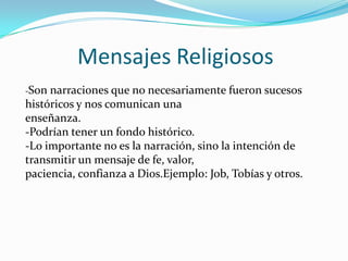 Mensajes Religiosos
-Son

narraciones que no necesariamente fueron sucesos
históricos y nos comunican una
enseñanza.
-Podrían tener un fondo histórico.
-Lo importante no es la narración, sino la intención de
transmitir un mensaje de fe, valor,
paciencia, confianza a Dios.Ejemplo: Job, Tobías y otros.

 