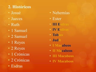 2. Históricos
• Josué         • Nehemías
• Jueces        • Ester
• Ruth          •   III Esdras
• 1 Samuel      •   IV Esdras
• 2 Samuel      •   Tobías
                •   Judit
• 1 Reyes
                •   I Macabeos
• 2 Reyes
                •   II Macabeos
• 1 Crónicas    •   III Macabeos
• 2 Crónicas    •   IV Macabeos
• Esdras
 