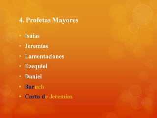4. Profetas Mayores

• Isaías
• Jeremías
• Lamentaciones
• Ezequiel
• Daniel
• Baruch
• Carta de Jeremías
 
