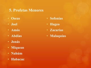 5. Profetas Menores
• Oseas               • Sofonías
• Joel                • Hageo
• Amós                • Zacarías
• Abdías              • Malaquías
• Jonás
• Miqueas
• Nahúm
• Habacuc
 